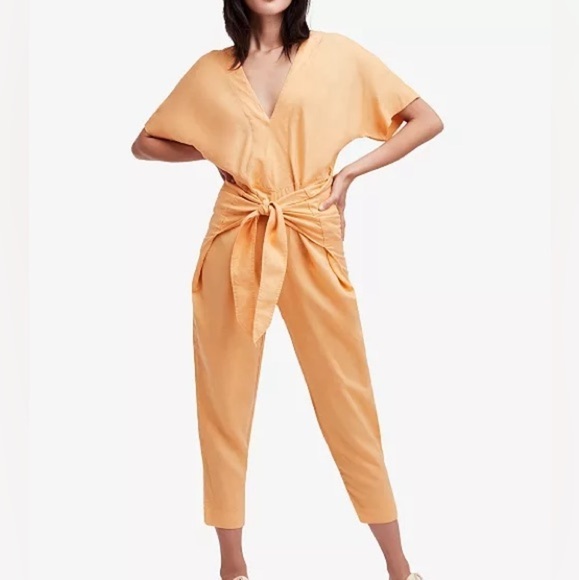 Free People Shining Sun Orange Tie-Front Jumpsuit - Picture 1 of 14